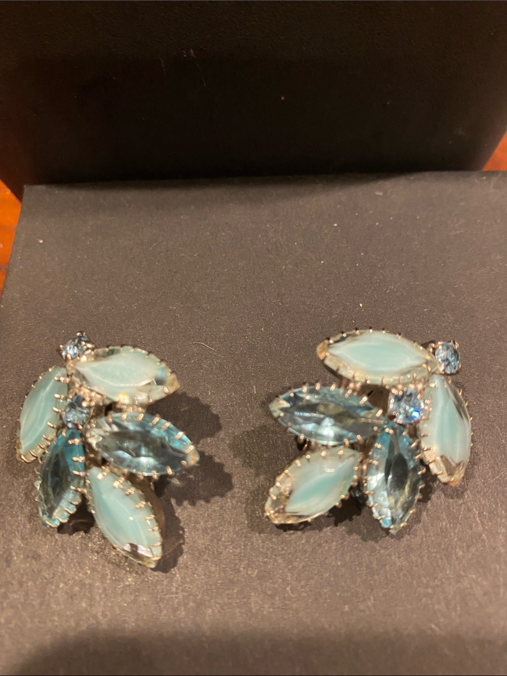 Vintage Aqua and Opaque Glass Leaf Cluster Clip-On Earrings